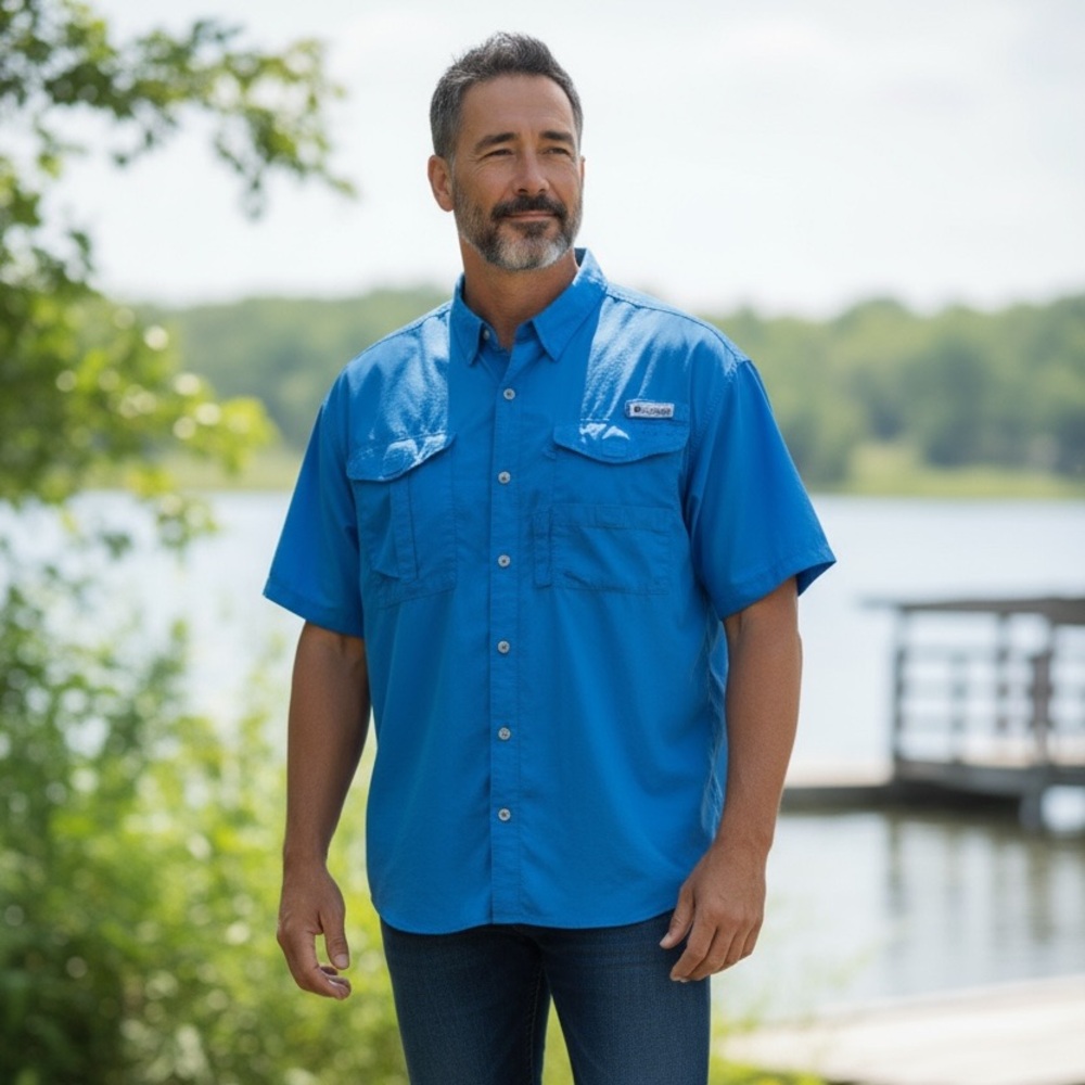 💙 Columbia PFG Men’s Short Sleeve Vented Fishing Shirt – Bright Blue 2XL